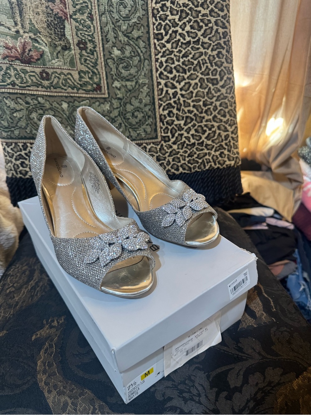 Bandolino Silver Glitter Peep-Toe Heels with Floral Accent